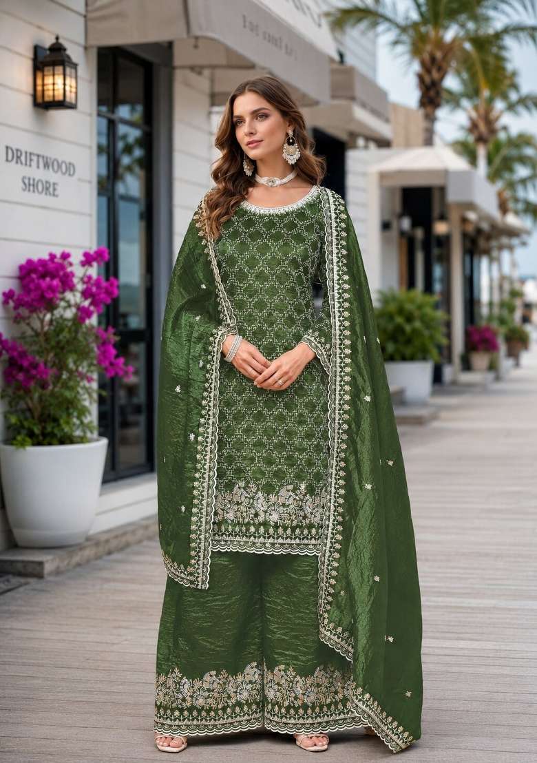 Green Embroidery Organza Palazzo Set - Indya