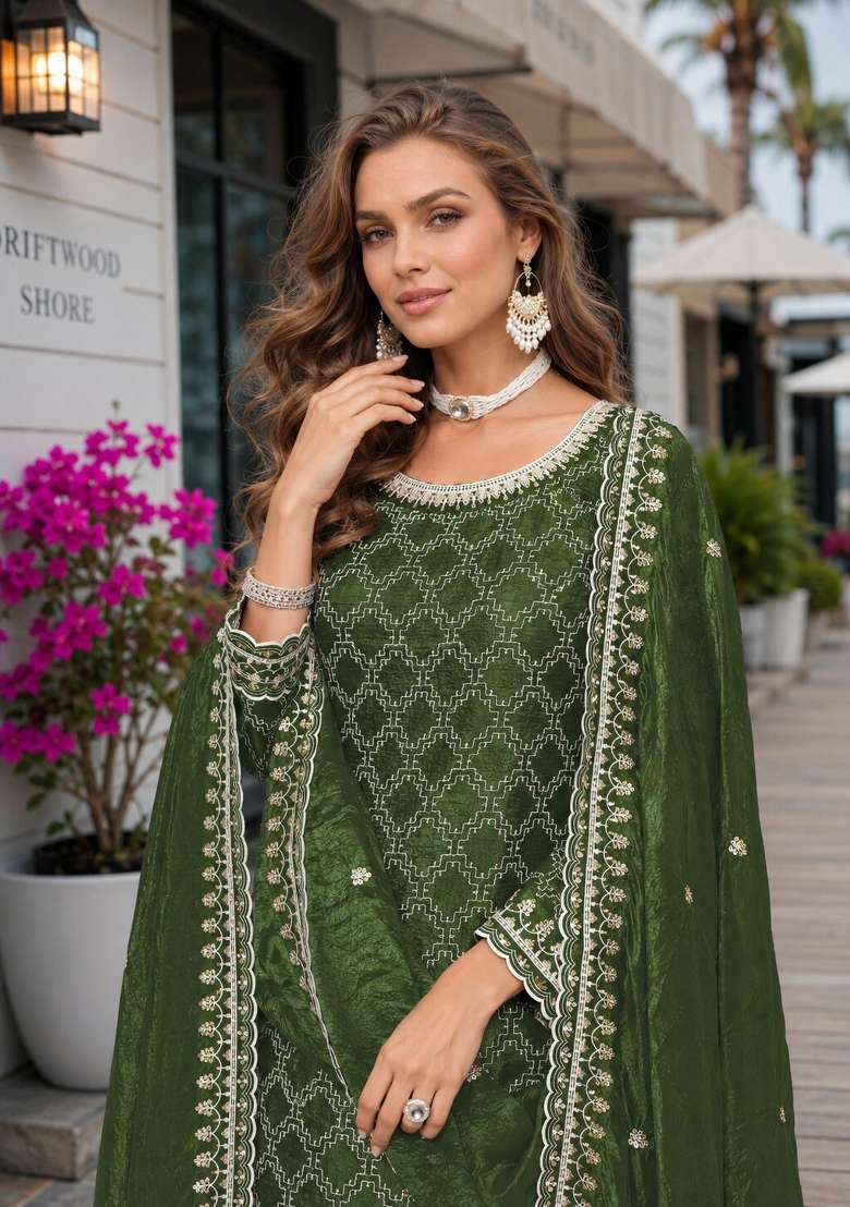 Green Embroidery Organza Palazzo Set - Indya