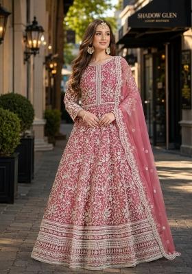 Pink Embroidery Net Anarkali Set