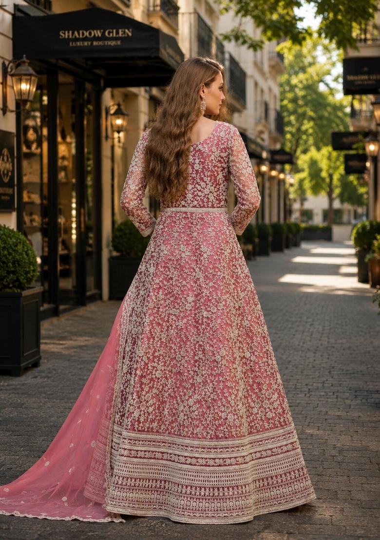 Pink Embroidery Net Anarkali Set - Indya