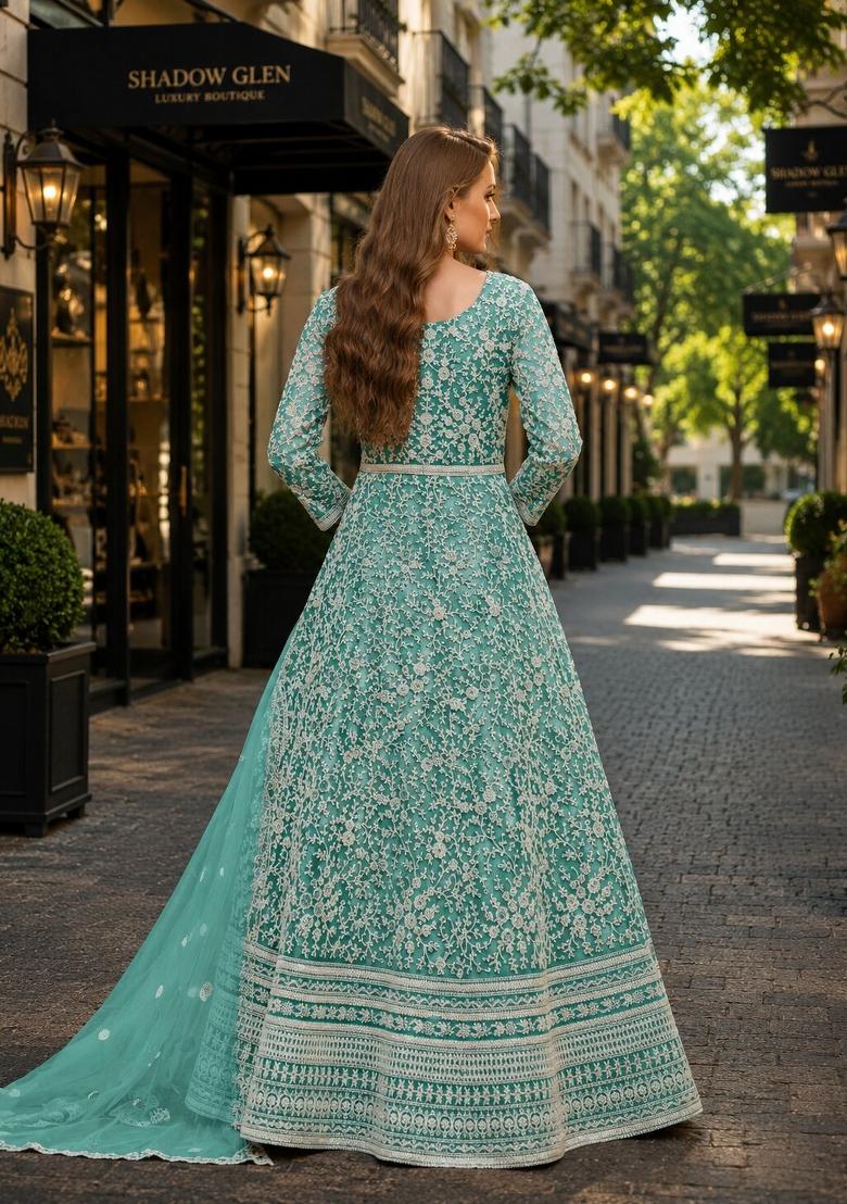 Sea Green Embroidery Net Anarkali Set - Indya