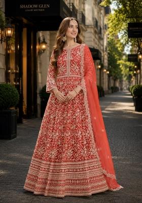 Orange Embroidery Net Anarkali Set