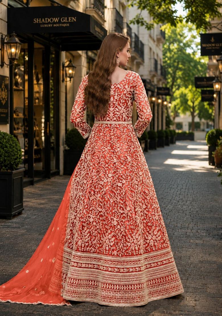 Orange Embroidery Net Anarkali Set - Indya