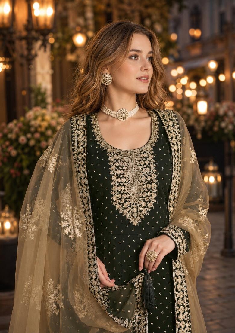 Black Embroidery Chanderi Anarkali Set - Indya