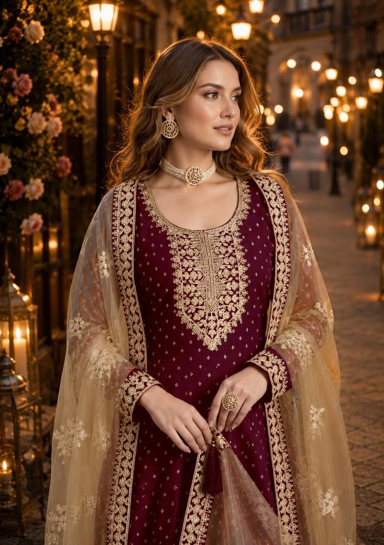 Purple Embroidery Chanderi Anarkali Set - Indya