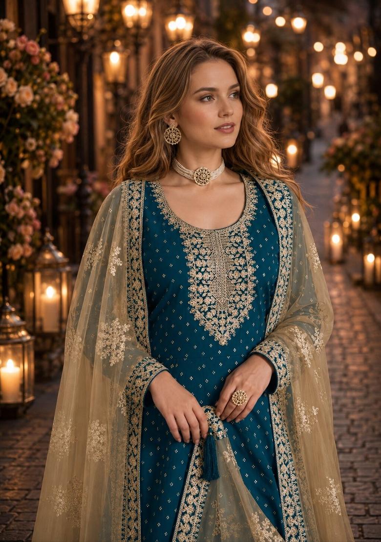 Teal Embroidery Chanderi Anarkali Set - Indya