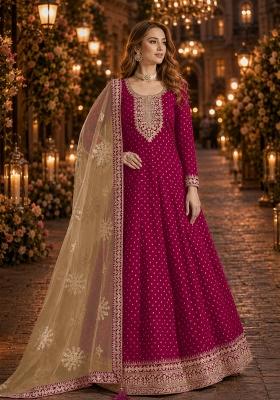 Rani Pink Embroidery Chanderi Anarkali Set