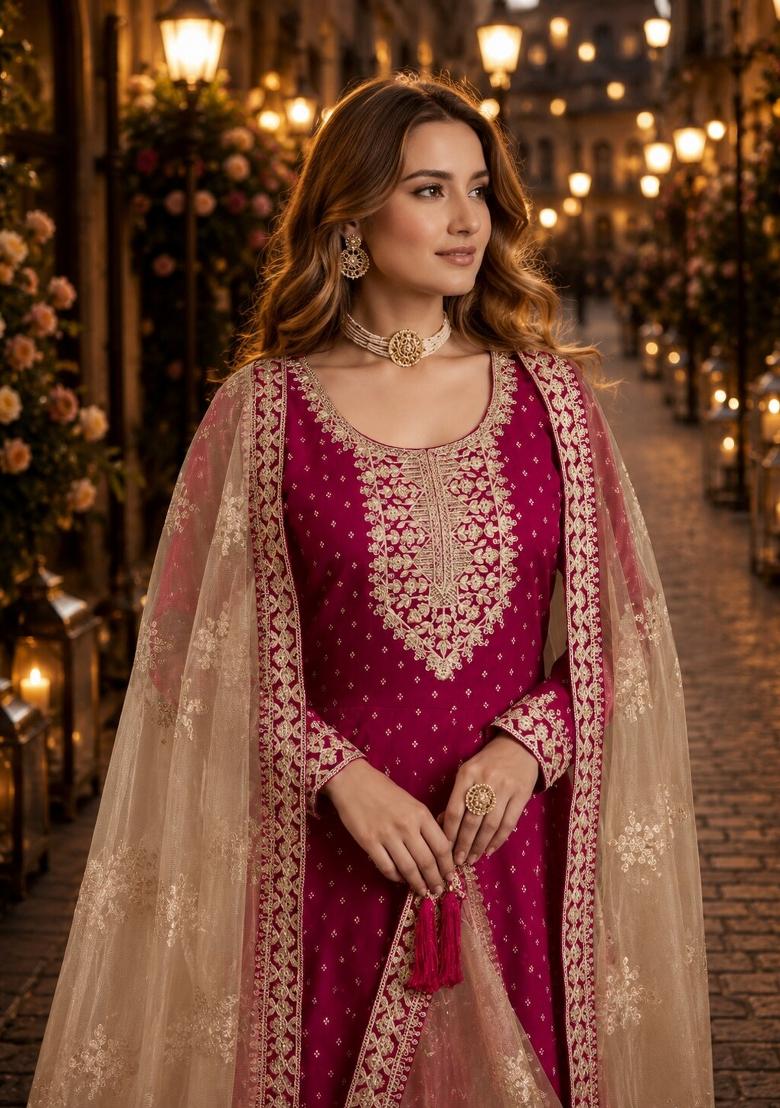 Rani Pink Embroidery Chanderi Anarkali Set - Indya