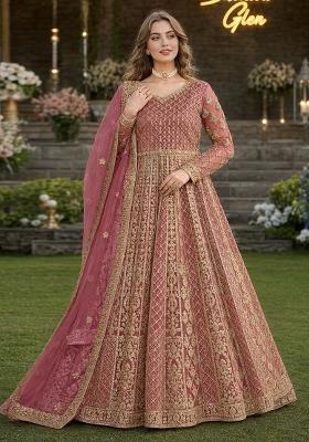 Peach Embroidery Net Anarkali With Dupatta