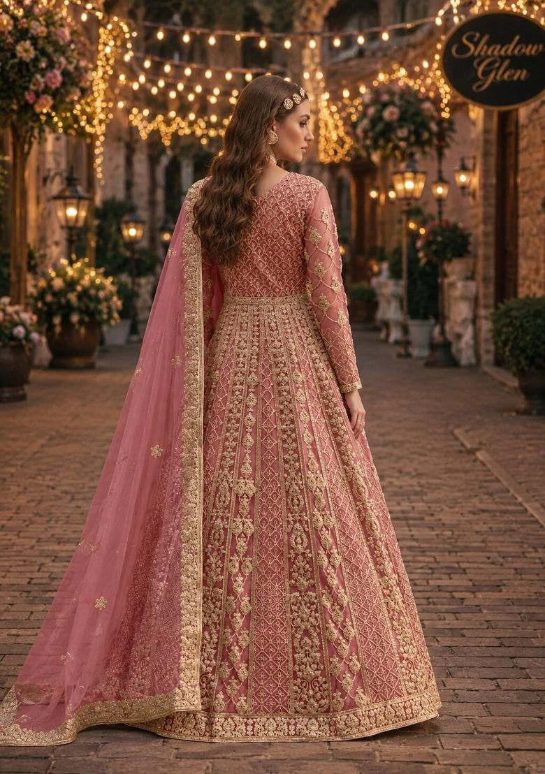 Peach Embroidery Net Anarkali With Dupatta - Indya