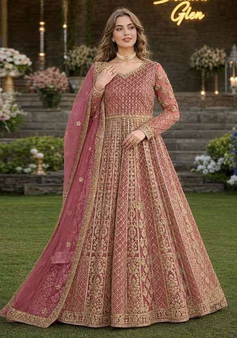 Peach Embroidery Net Anarkali With Dupatta