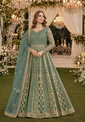 Green Embroidery Net Anarkali With Dupatta