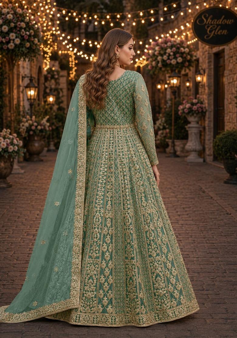 Green Embroidery Net Anarkali With Dupatta - Indya