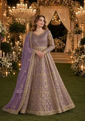 Purple Embroidery Net Anarkali With Dupatta