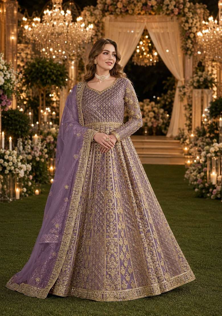 Purple Embroidery Net Anarkali With Dupatta - Indya