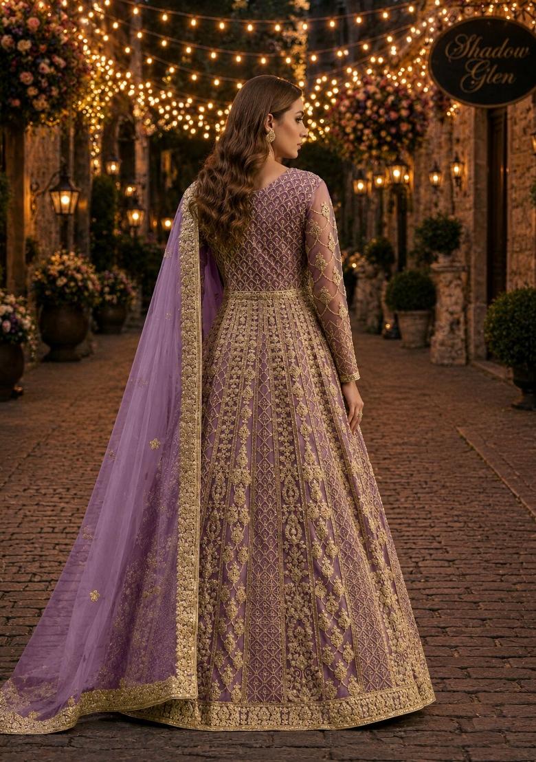 Purple Embroidery Net Anarkali With Dupatta - Indya