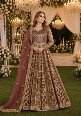 Coffee Embroidery Net Anarkali With Dupatta