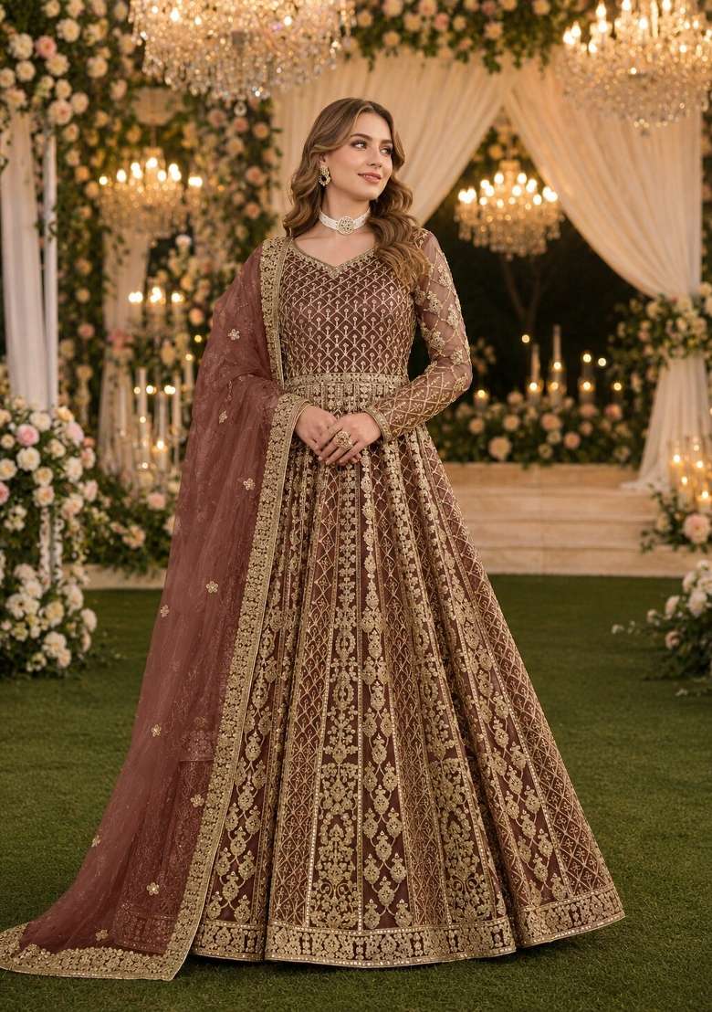 Coffee Embroidery Net Anarkali With Dupatta - Indya
