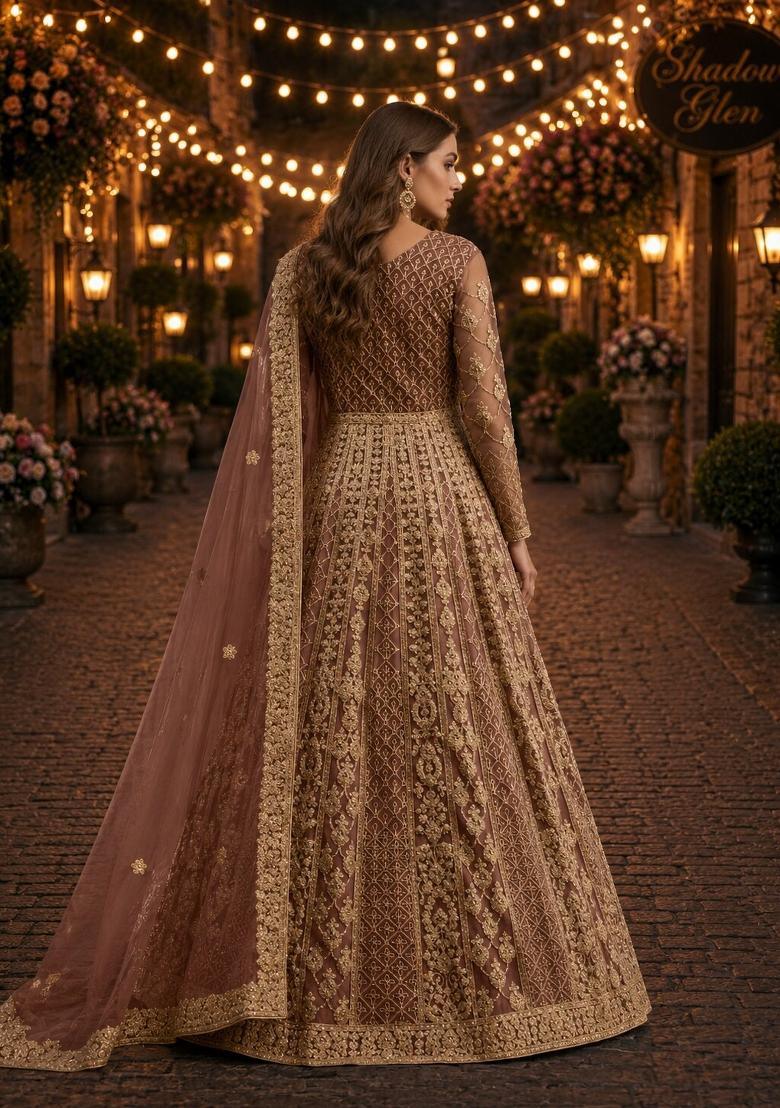 Coffee Embroidery Net Anarkali With Dupatta - Indya