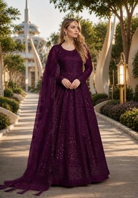 Purple Embroidery Net Anarkali Set