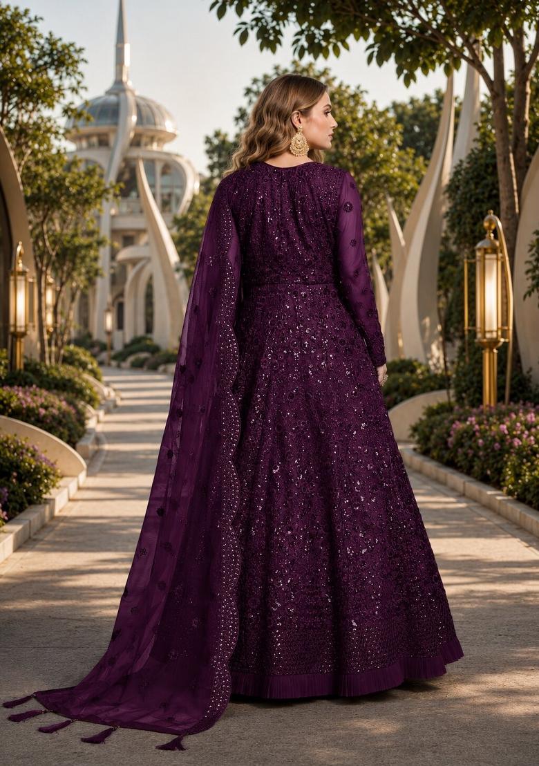 Purple Embroidery Net Anarkali Set - Indya