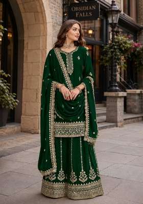 Dark Green Embroidery Georgette Palazzo Set