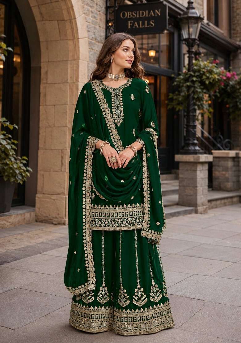 Dark Green Embroidery Georgette Palazzo Set - Indya