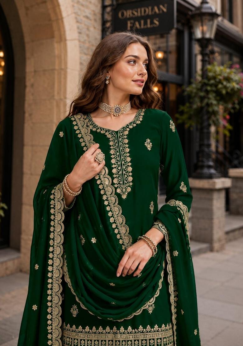 Dark Green Embroidery Georgette Palazzo Set - Indya