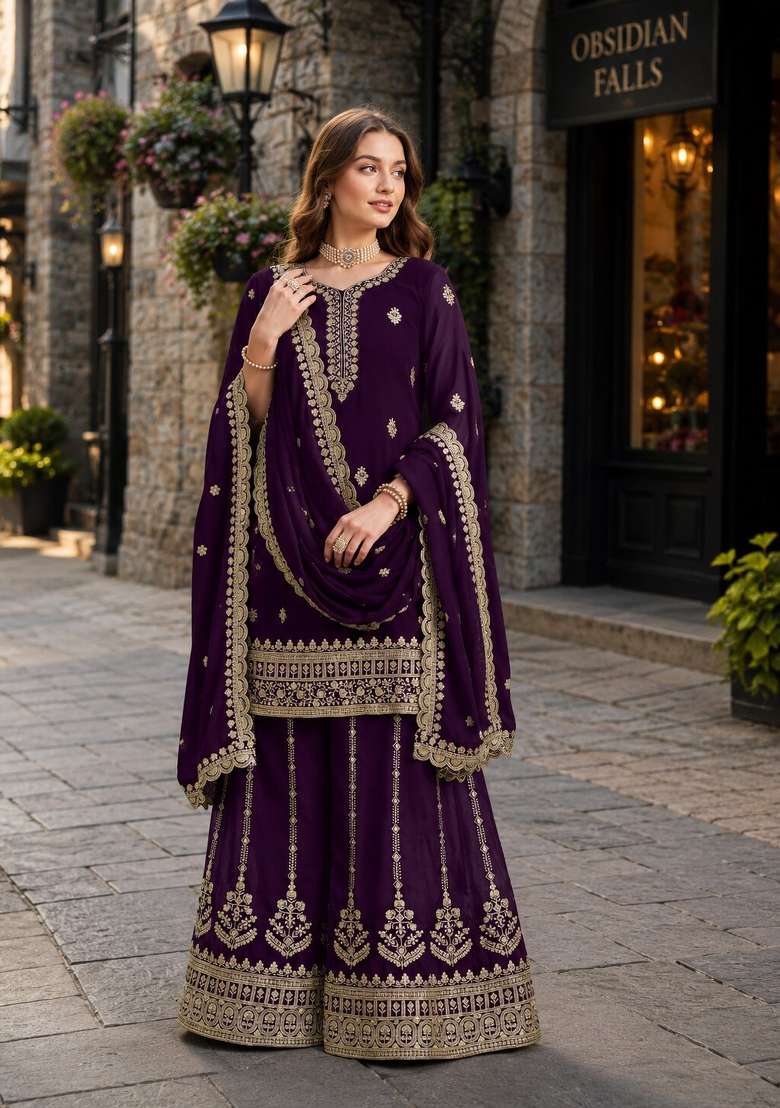 Purple Embroidery Georgette Palazzo Set - Indya