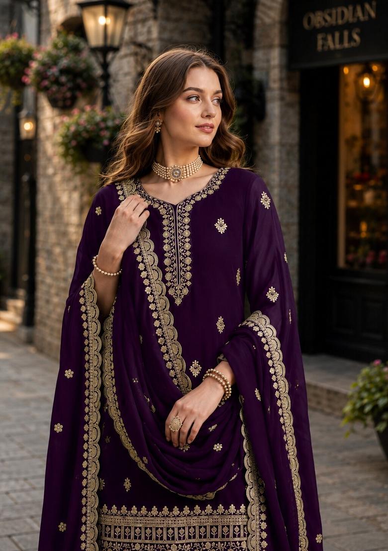 Purple Embroidery Georgette Palazzo Set - Indya