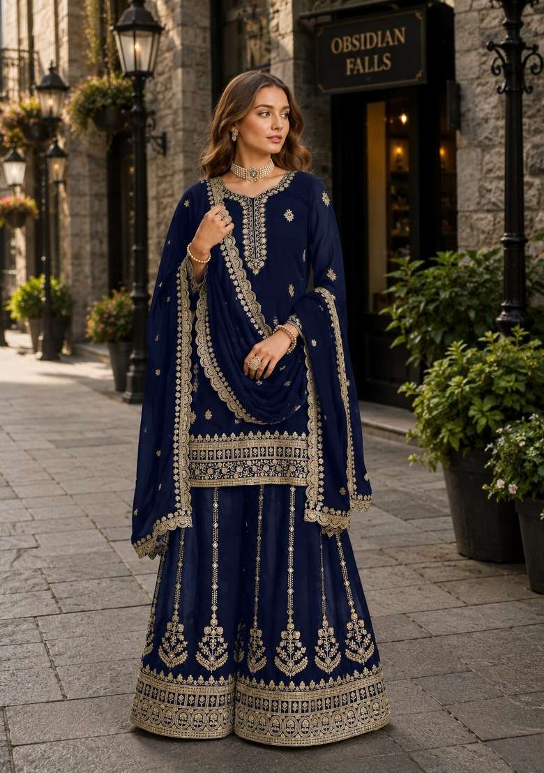 Navy Blue Embroidery Georgette Palazzo Set - Indya