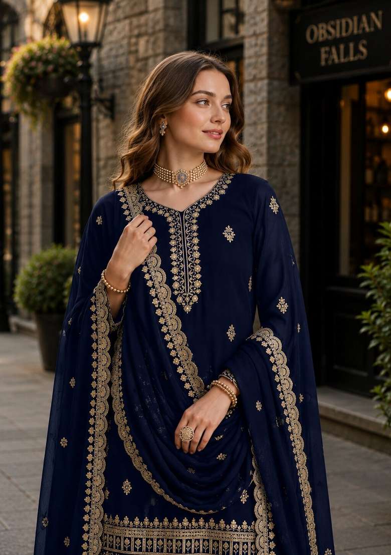 Navy Blue Embroidery Georgette Palazzo Set - Indya