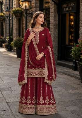 Maroon Embroidery Georgette Palazzo Set