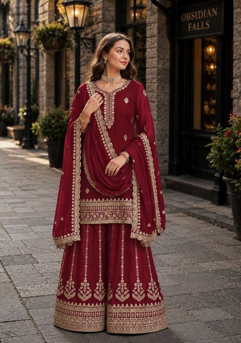 Maroon Embroidery Georgette Palazzo Set - Indya