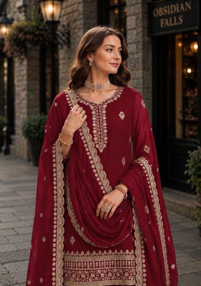 Maroon Embroidery Georgette Palazzo Set - Indya