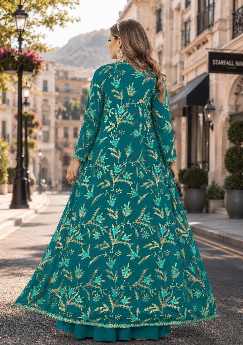 Turquoise Embroidery Georgette Kurta Set - Indya