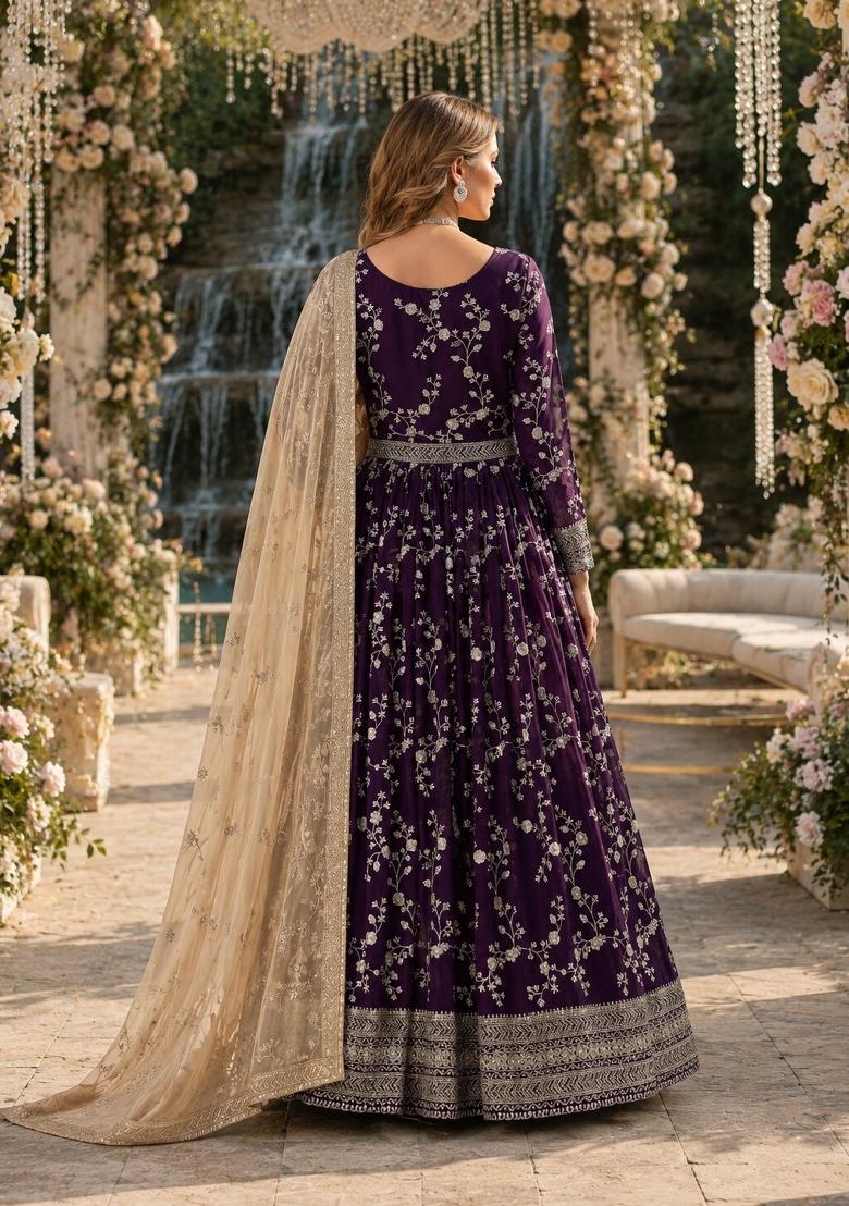 Purple Jacquard Georgette Anarkali Set - Indya