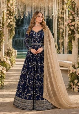 Navy Blue Jacquard Georgette Anarkali Set