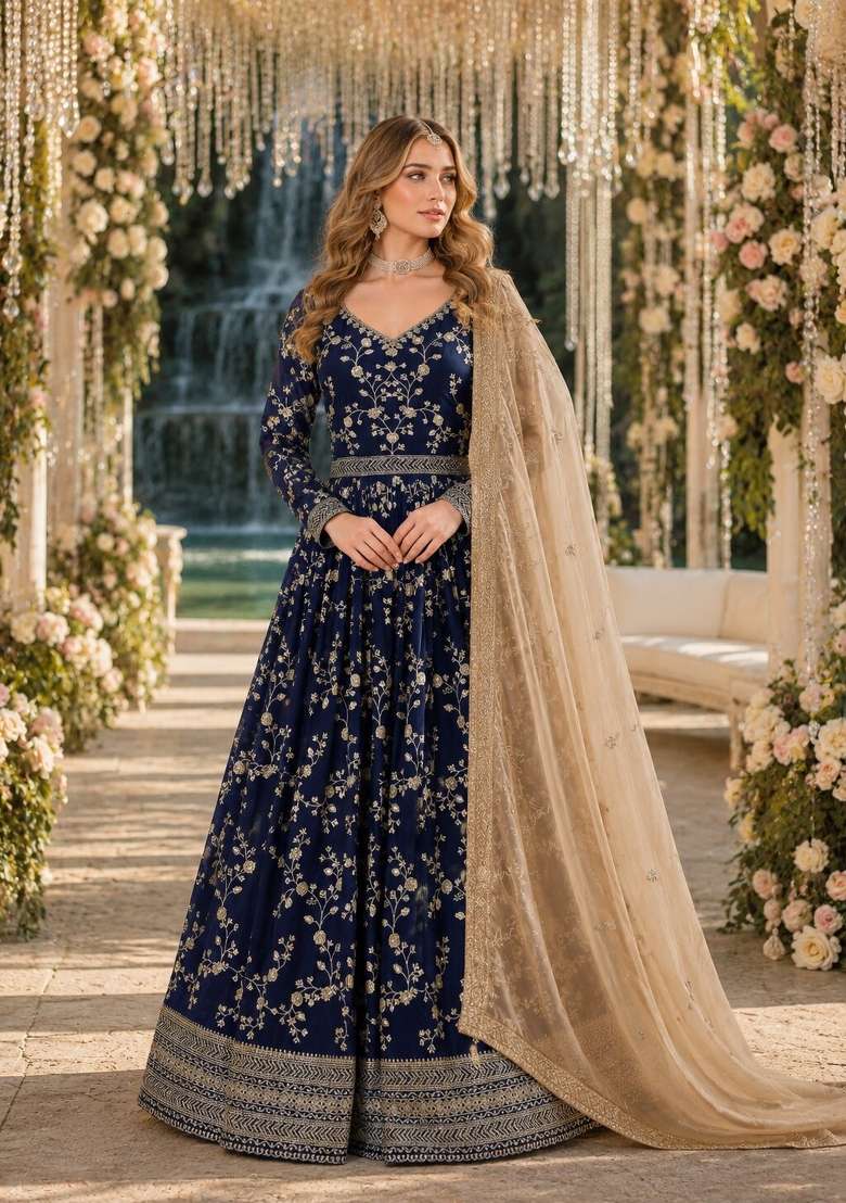 Navy Blue Jacquard Georgette Anarkali Set - Indya