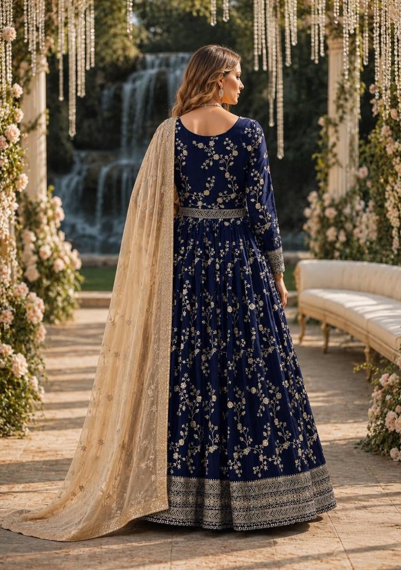 Navy Blue Jacquard Georgette Anarkali Set - Indya