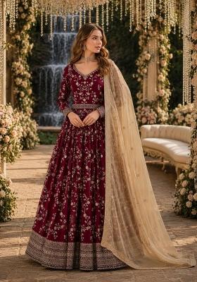 Red Jacquard Georgette Anarkali Set