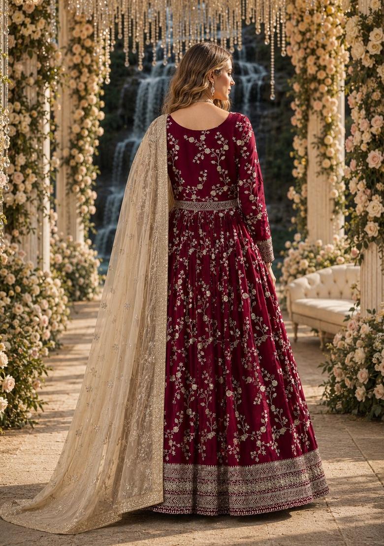 Red Jacquard Georgette Anarkali Set - Indya