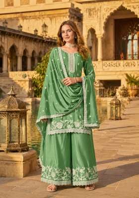 Green Embroidery Silk Palazzo Set