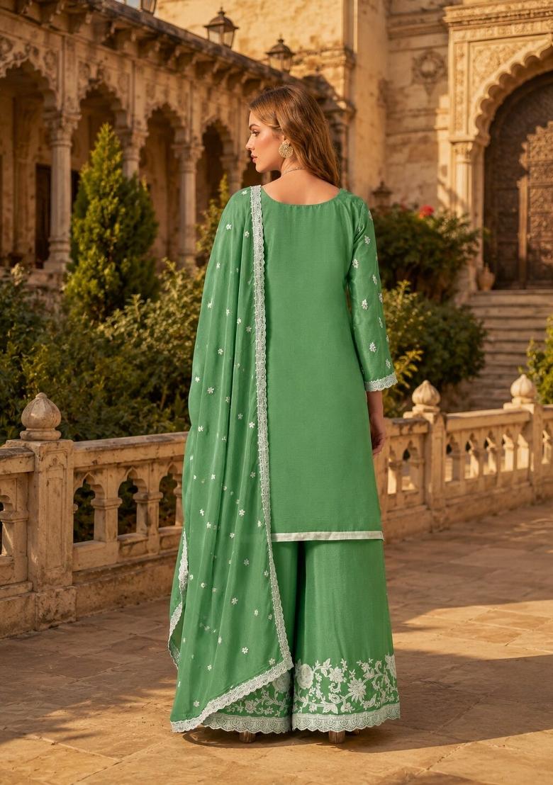Green Embroidery Silk Palazzo Set - Indya