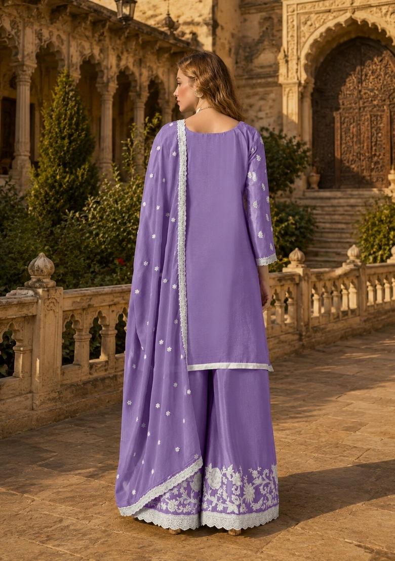 Lavender Embroidery Silk Palazzo Set - Indya