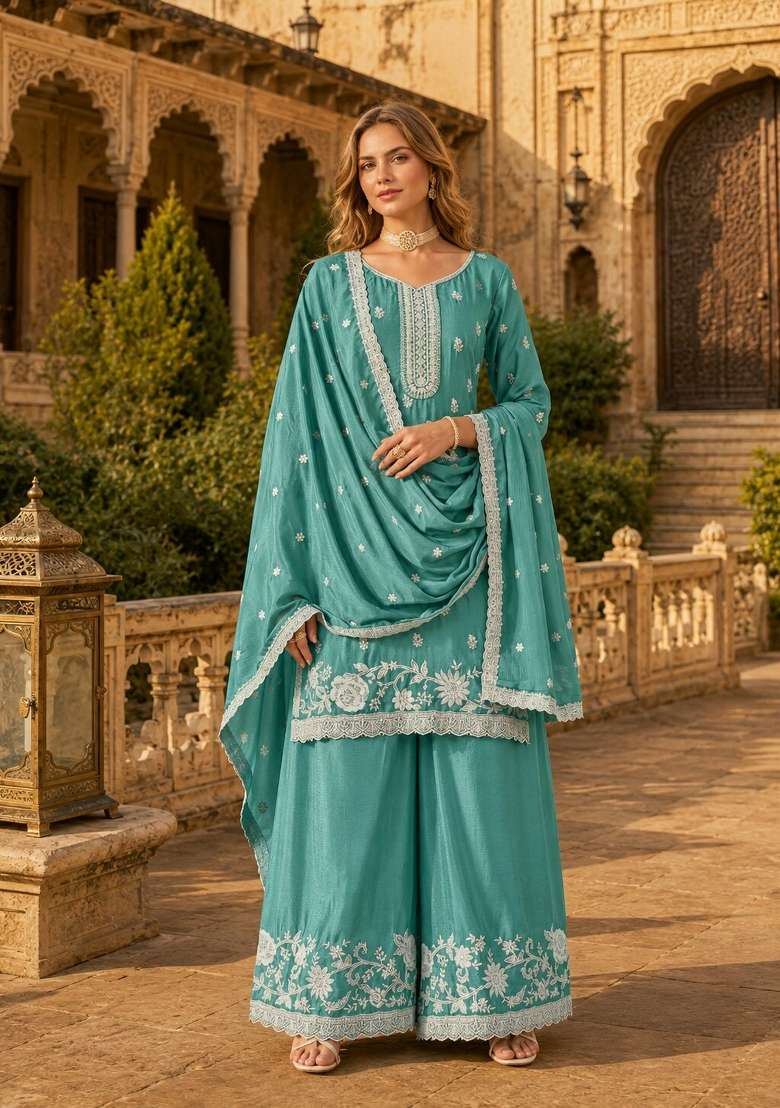 Sky Blue Embroidery Silk Palazzo Set - Indya