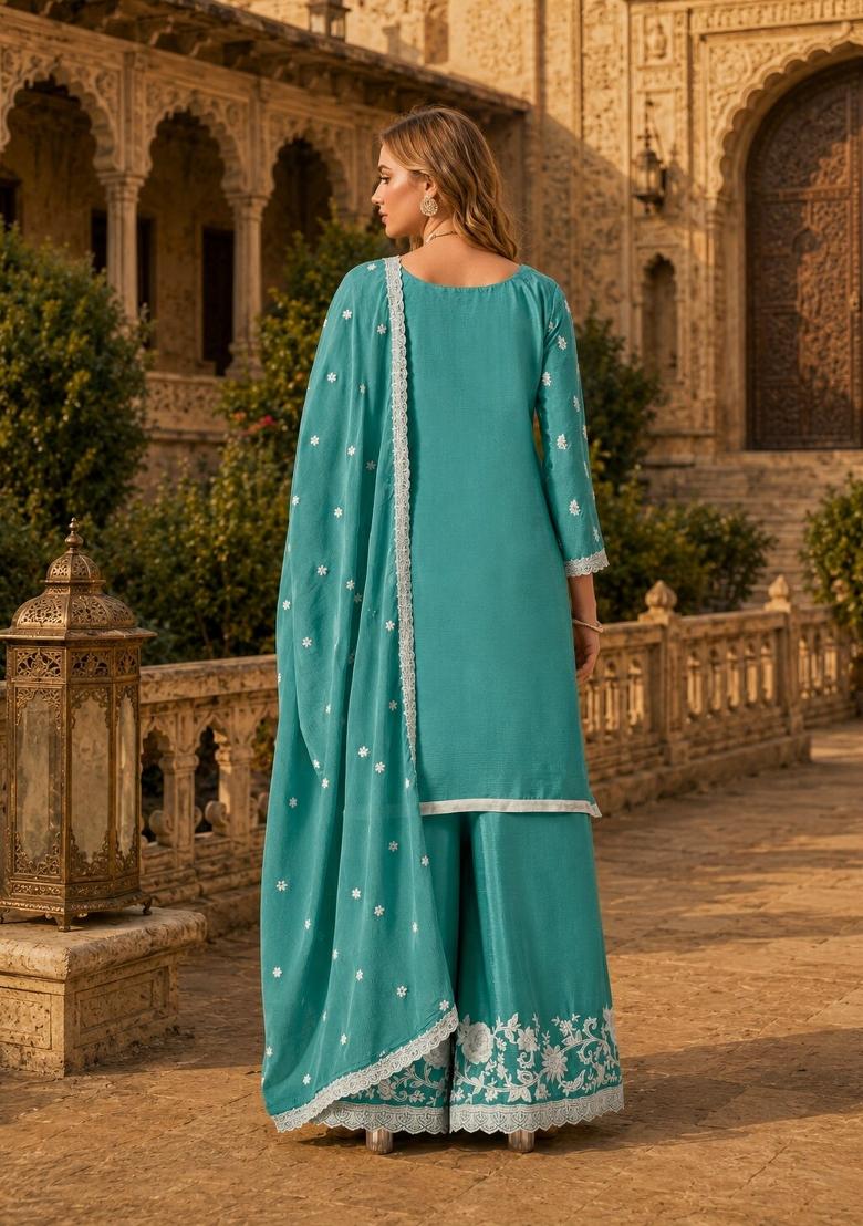 Sky Blue Embroidery Silk Palazzo Set - Indya