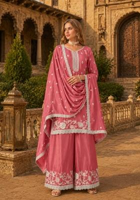 Peach Embroidery Silk Palazzo Set
