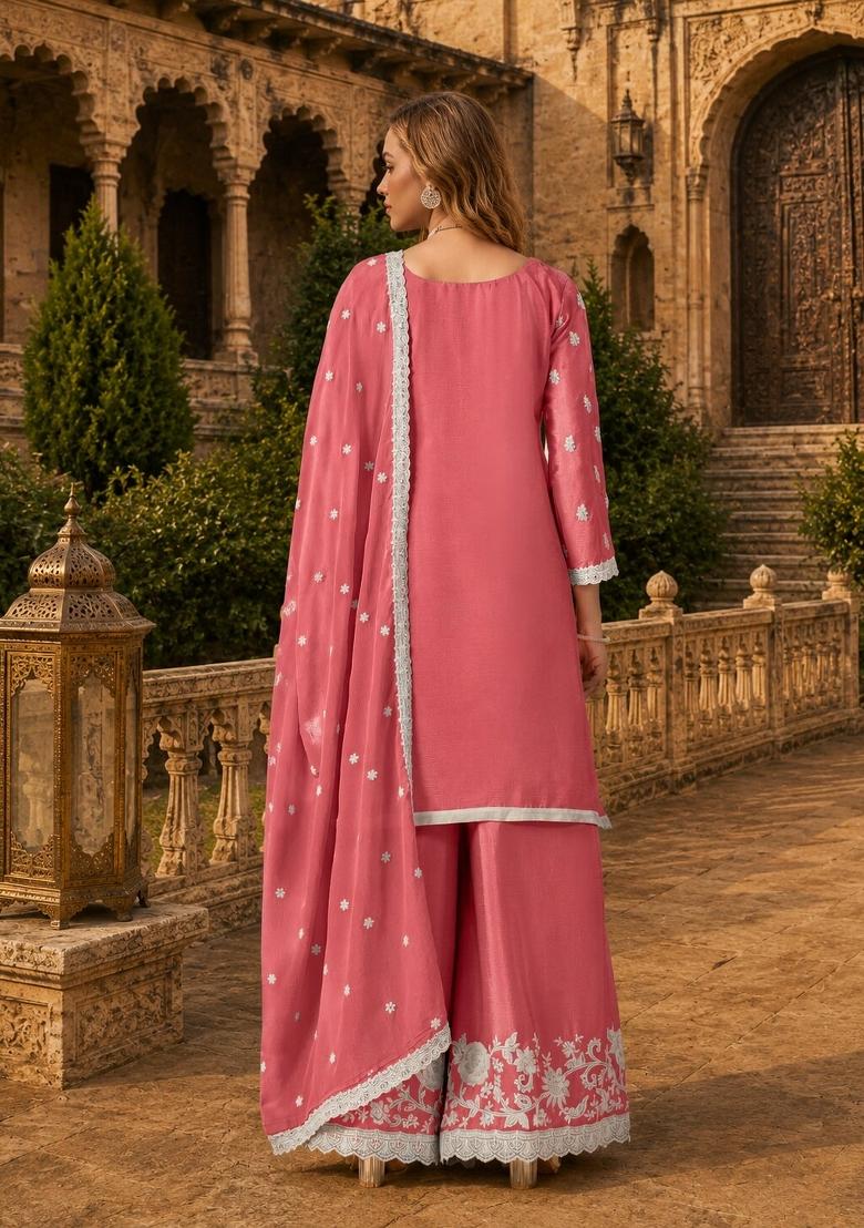 Peach Embroidery Silk Palazzo Set - Indya
