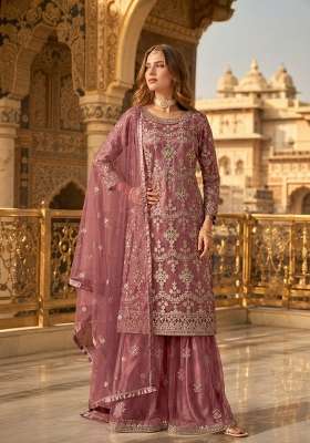 Brown Embroidery Net Palazzo Set